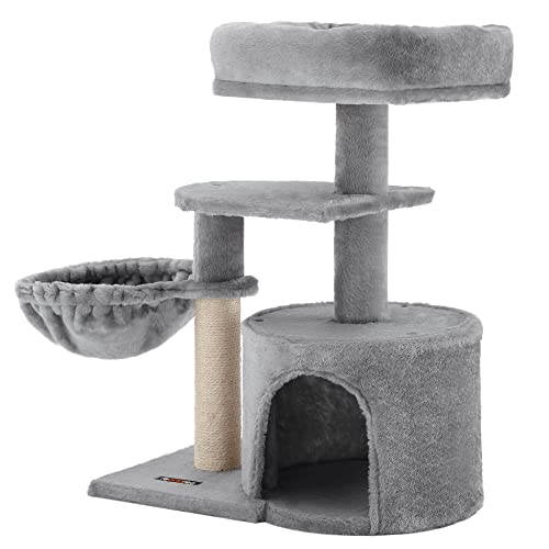 FEANDREA Cat Tree, Small Cat Tower, Cat Condo, Kitten Activity Center with Scratching Post, Basket, Cave, Light Gray UPCT59W