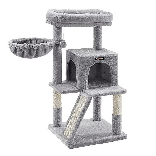 FEANDREA Cat Tree, Small Cat Tower with Widened Perch for Large Cats Indoor, Kittens, 37.8-Inch Multi-Level Cat Condo with Scratching Posts and Ramp, 2-Door Cat Cave, Cat Basket, Light Gray UPCT51W