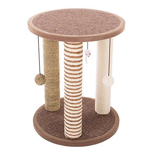 Cat Scratching Post - 3 Scratcher Posts with Carpeted Base Play Area and Perch - Furniture Scratching Deterrent for Indoor Cats by PETMAKER (Brown) - Image 2