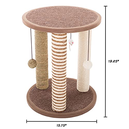 Cat Scratching Post - 3 Scratcher Posts with Carpeted Base Play Area and Perch - Furniture Scratching Deterrent for Indoor Cats by PETMAKER (Brown) - Image 8