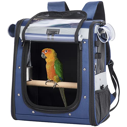 Bird Backpack with Anti-Pecking Band, Medium Size with 2 Level Height to Adjust Standing Perch, Shade Cover and 2 Feeder Bowls Blue